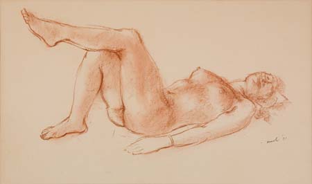 Appraisal: REGINALD MARSH Reclining Female Nude Red chalk on cream laid