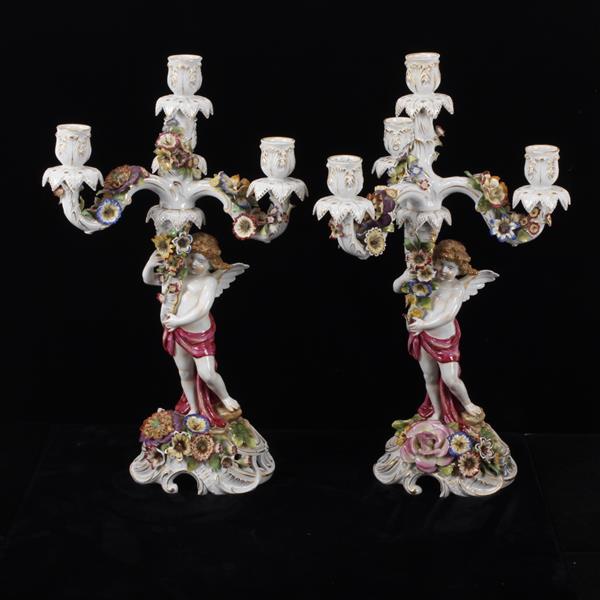 Appraisal: Pair Von Schierholz German figural porcelain putti candelabra H