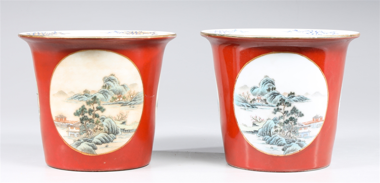 Appraisal: Pair of red ground Chinese enameled porcelain flower pots with