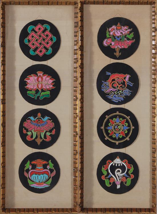 Appraisal: Buddhist Ashtamangala embroideries th century eight auspicious symbols framed as