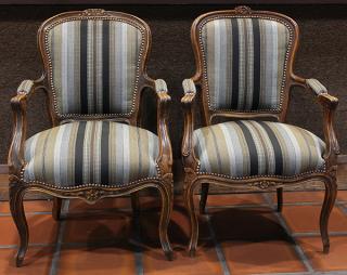 Appraisal: Pair of Louis XV style walnut fauteuils Pair of Louis