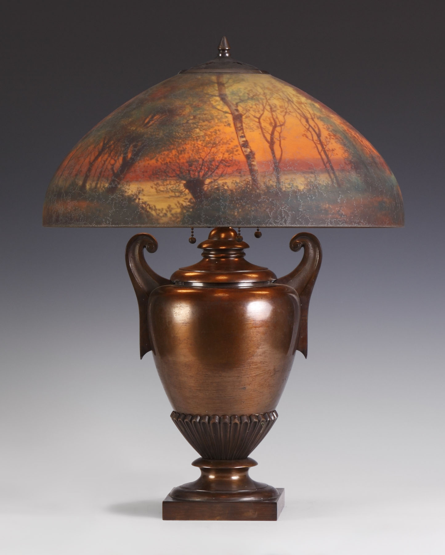 Appraisal: Handel Reverse Painted Table Lamp Autumn sunset scene Shade sgn