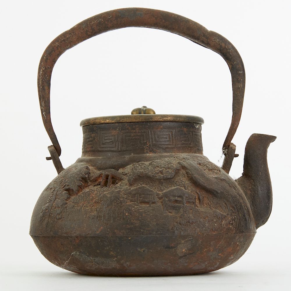 Appraisal: Japanese Meiji Tetsubin Iron Kettle with Landscape Japanese Meiji period