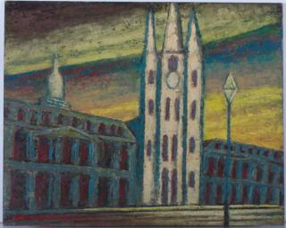 Appraisal: Larry Edwardson Cathedral Oil on board architectural landscape depicting the