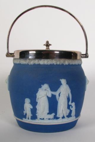 Appraisal: A Wedgwood England blue and white biscuit jar with silverplated