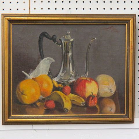 Appraisal: French Still Life silver coffeepot fruit oil on canvas image