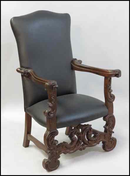 Appraisal: SET OF EIGHT LEATHER UPHOLSTERED CARVED MAHOGANY OPEN ARMCHAIRS H