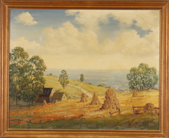 Appraisal: Ernest Fredericks Hilltop landscape with ocean view oil on canvas