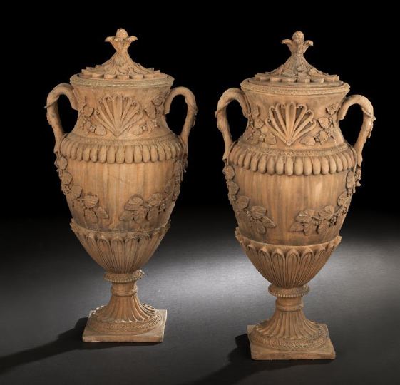 Appraisal: Pair of Classical-Style Terra Cotta Covered Garden Urns each with