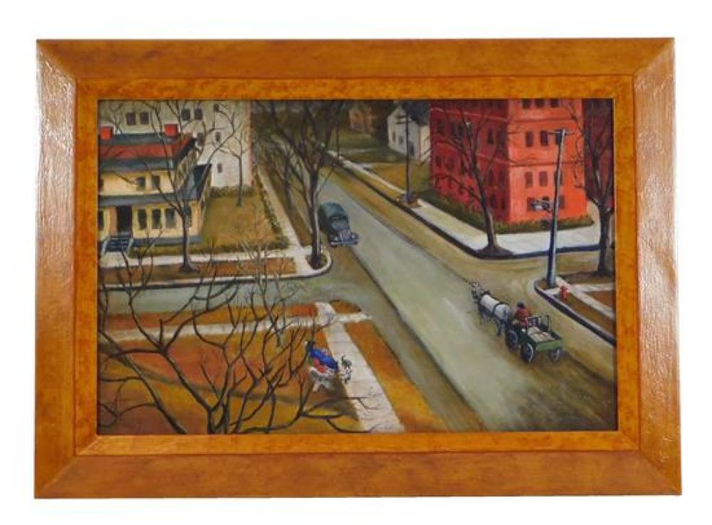 Appraisal: th C oil on canvas depicts aerial view street scene