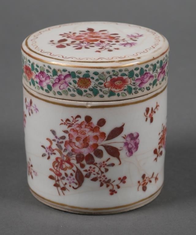 Appraisal: Chinese export Rose Mandarin porcelain lidded tea caddy Cylindrical jar