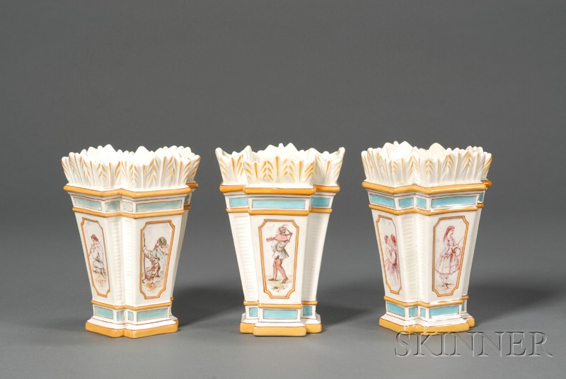 Appraisal: Three Wedgwood Pearlware Emile Lessore Decorated Quiver-form Vases England c