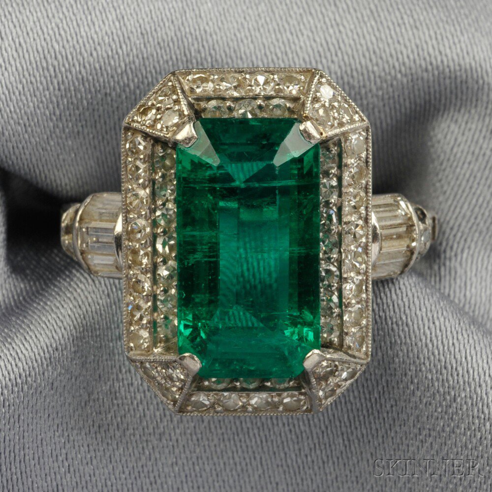 Appraisal: Art Deco Platinum Emerald and Diamond Ring prong-set with an