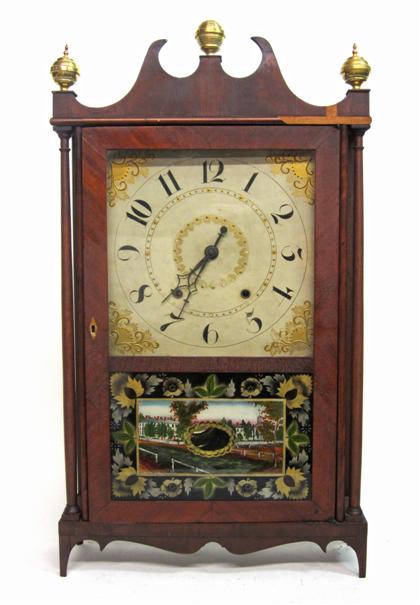 Appraisal: Mahogany pillar and scroll shelf clock chauncey ives bristol ct