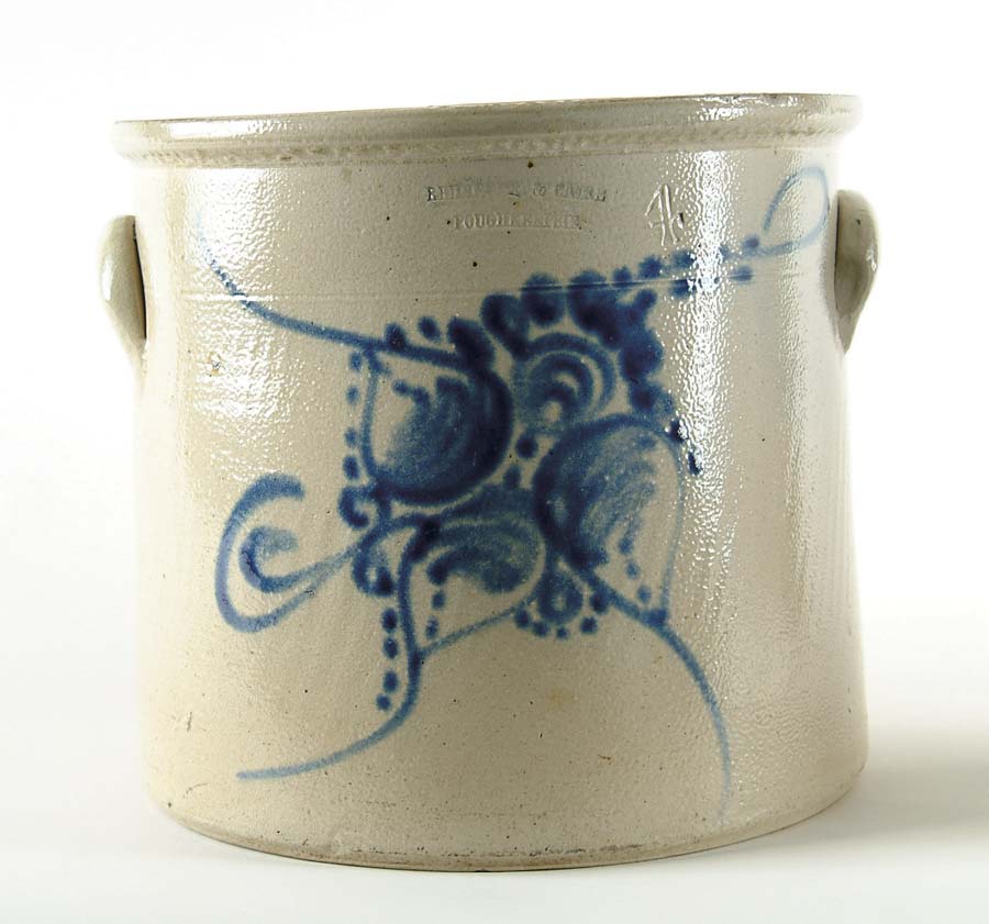 Appraisal: FOUR GALLON DECORATED STONEWARE CROCK Impressed mark Poughkeepsie Large blue