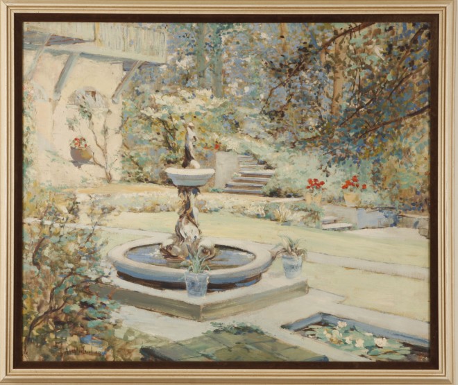 Appraisal: Garden fountain oil on canvas x SLL Artist American -