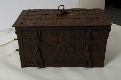 Appraisal: A wrought iron Armada chest probably German th Century rectangular