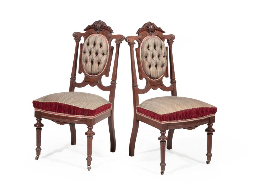 Appraisal: Pair of American Renaissance Walnut and Burl Walnut Side Chairs