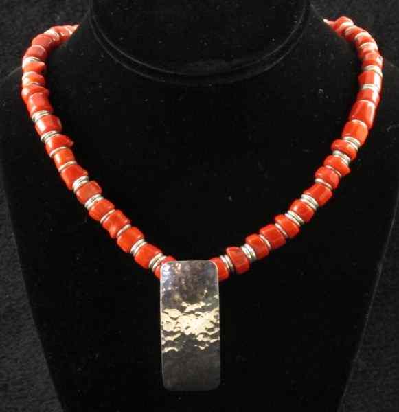 Appraisal: Sterling Silver and Coral Necklaceset with barrel shaped coral stones