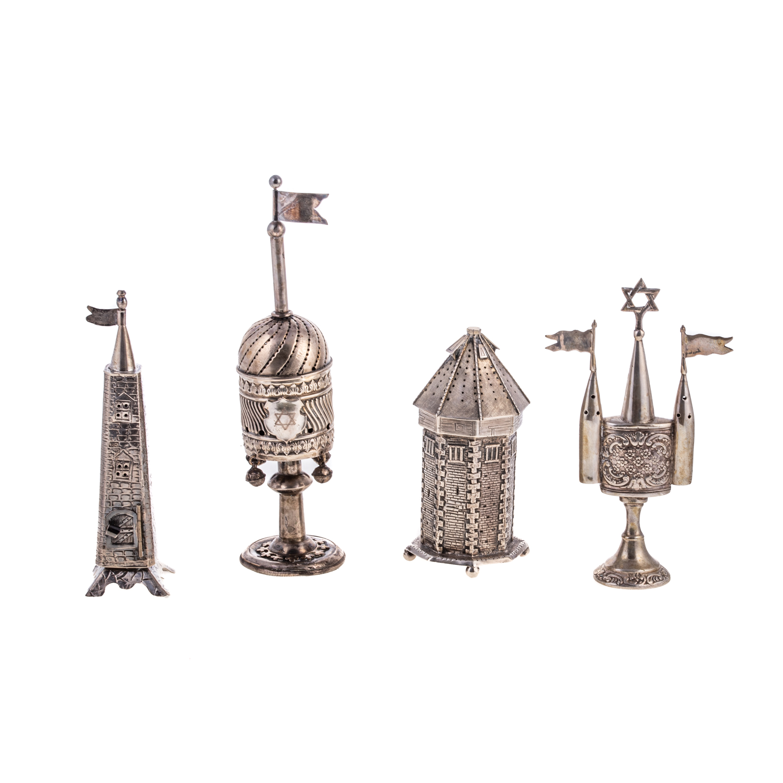 Appraisal: FOUR JUDAICA SILVER SPICE TOWERS BESAMIN Including a Dutch octagonal