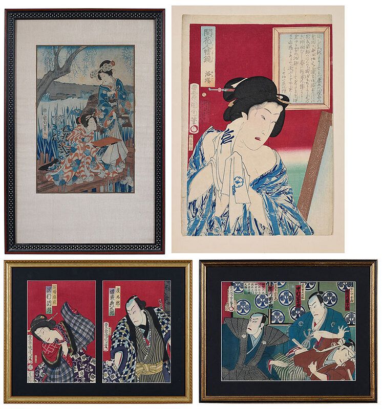 Appraisal: Five Woodblock Prints Kunichika Chikashige Toyohara Kunichika Japanese - three