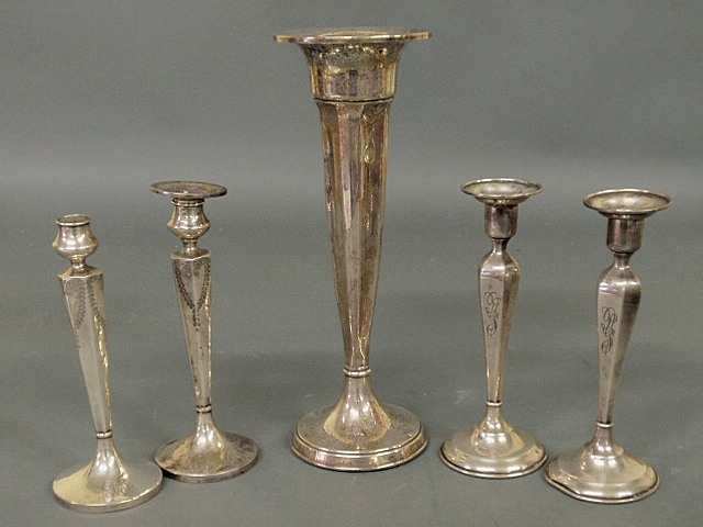 Appraisal: Sterling silver trumpet vase h monogrammed and two pairs of