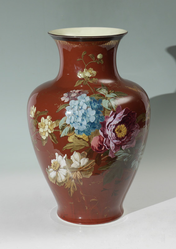 Appraisal: JAPANESE HAND PAINTED FLOOR VASE Oxblood or brown ground hand