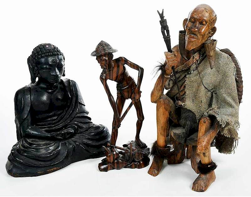 Appraisal: Three Decorative Asian Figures Carved Wood th century comprising black