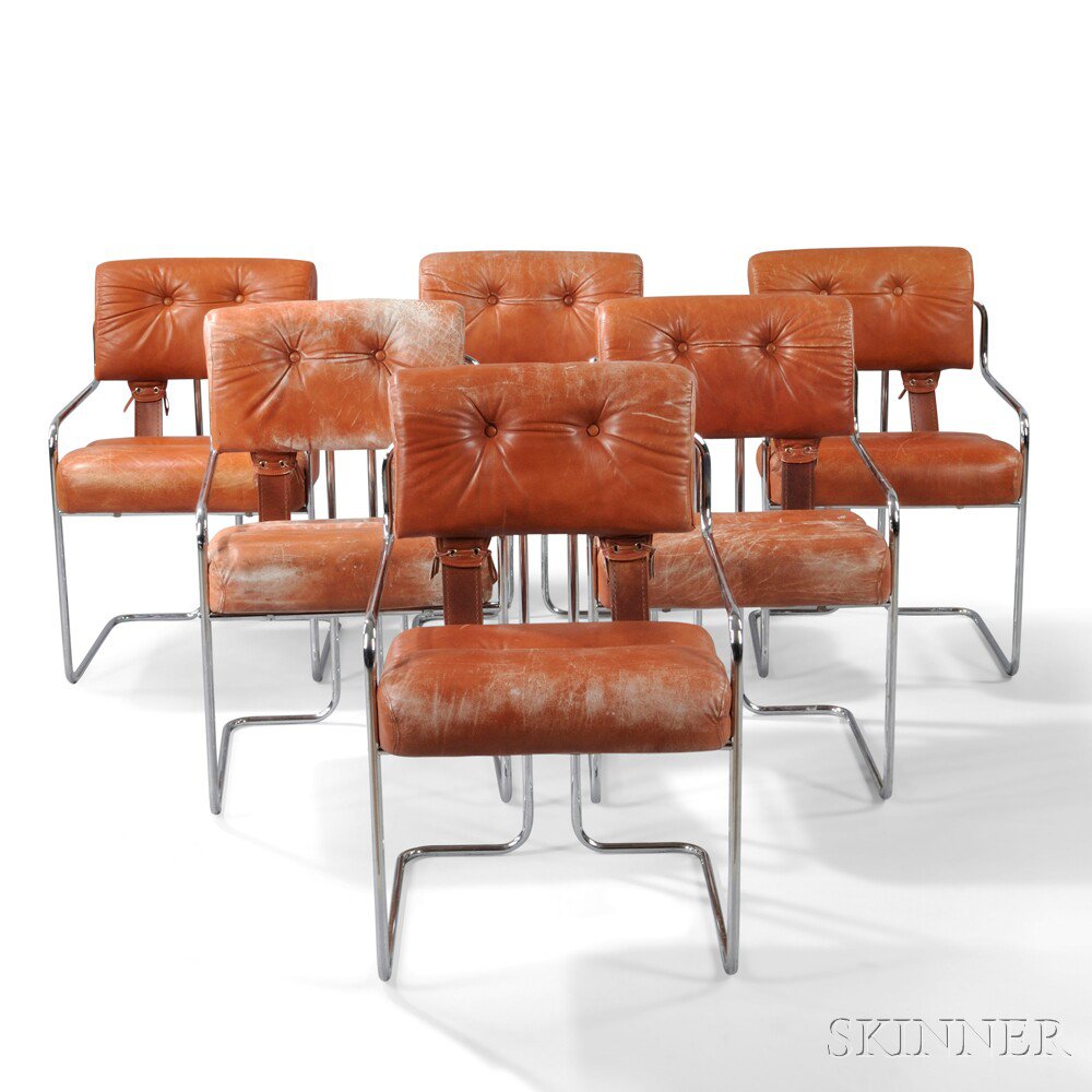 Appraisal: Six Guido Faleschini Tucroma Chairs Tubular steel leather Manufactured by