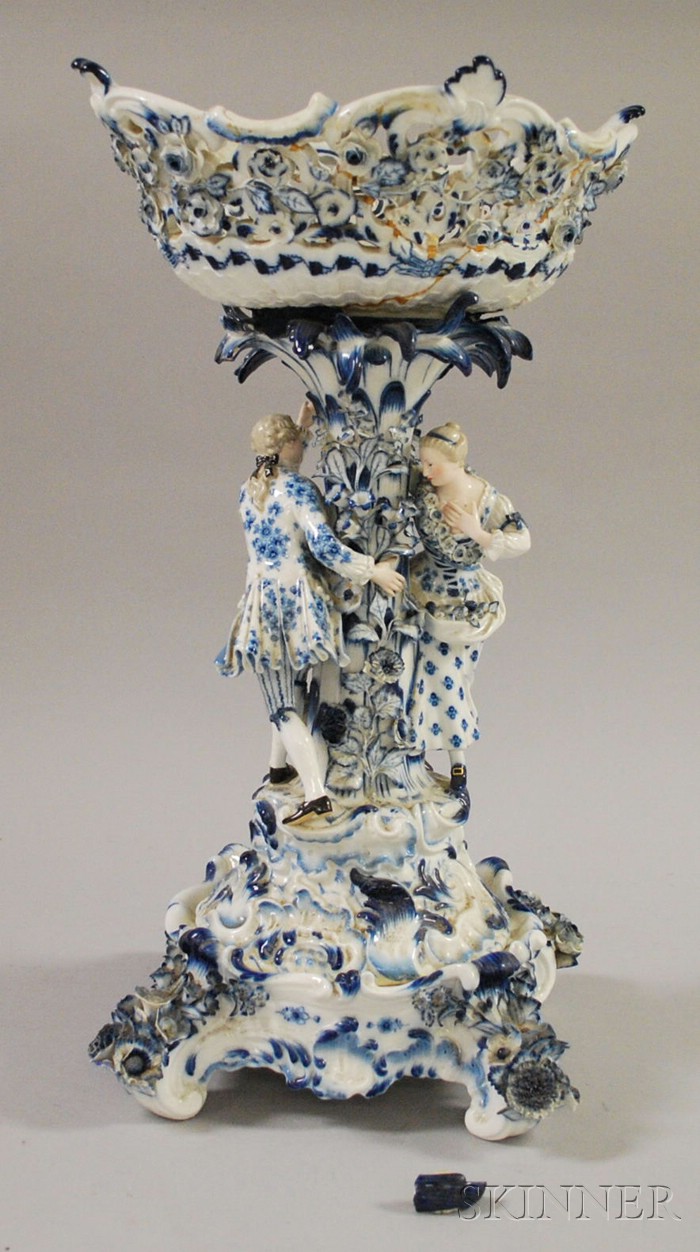 Appraisal: Meissen-type Blue and White Porcelain Figural Centerpiece damage and repairs