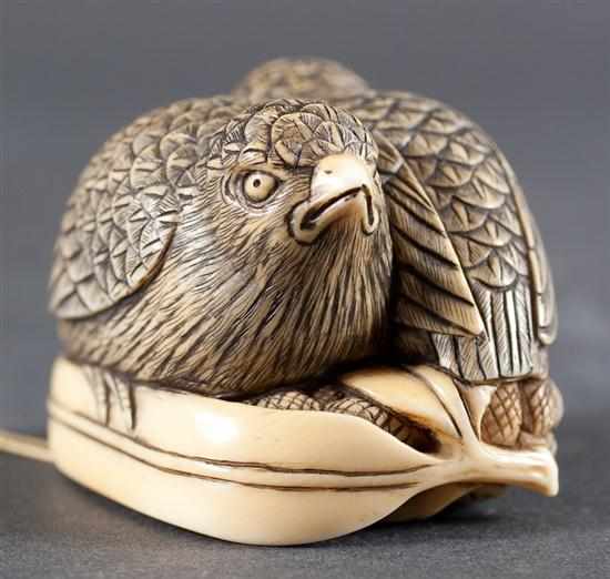 Appraisal: Japanese carved ivory netsuke two quail chicks on a head