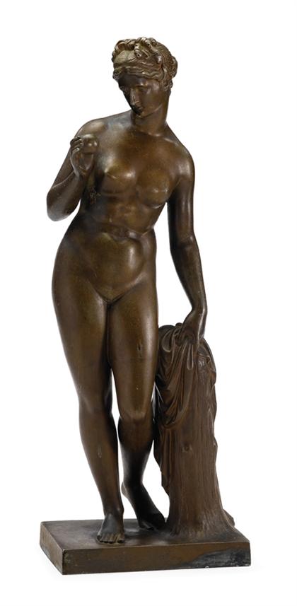 Appraisal: Patinated metal figure of Diana Modeled a partially clad figure