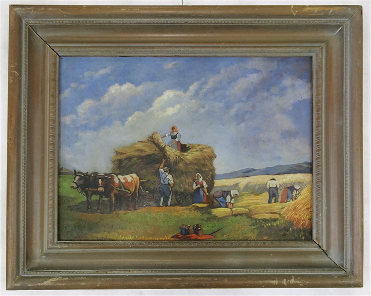 Appraisal: FRENCH OIL ON BOARD The Harvest figures harvesting hay and