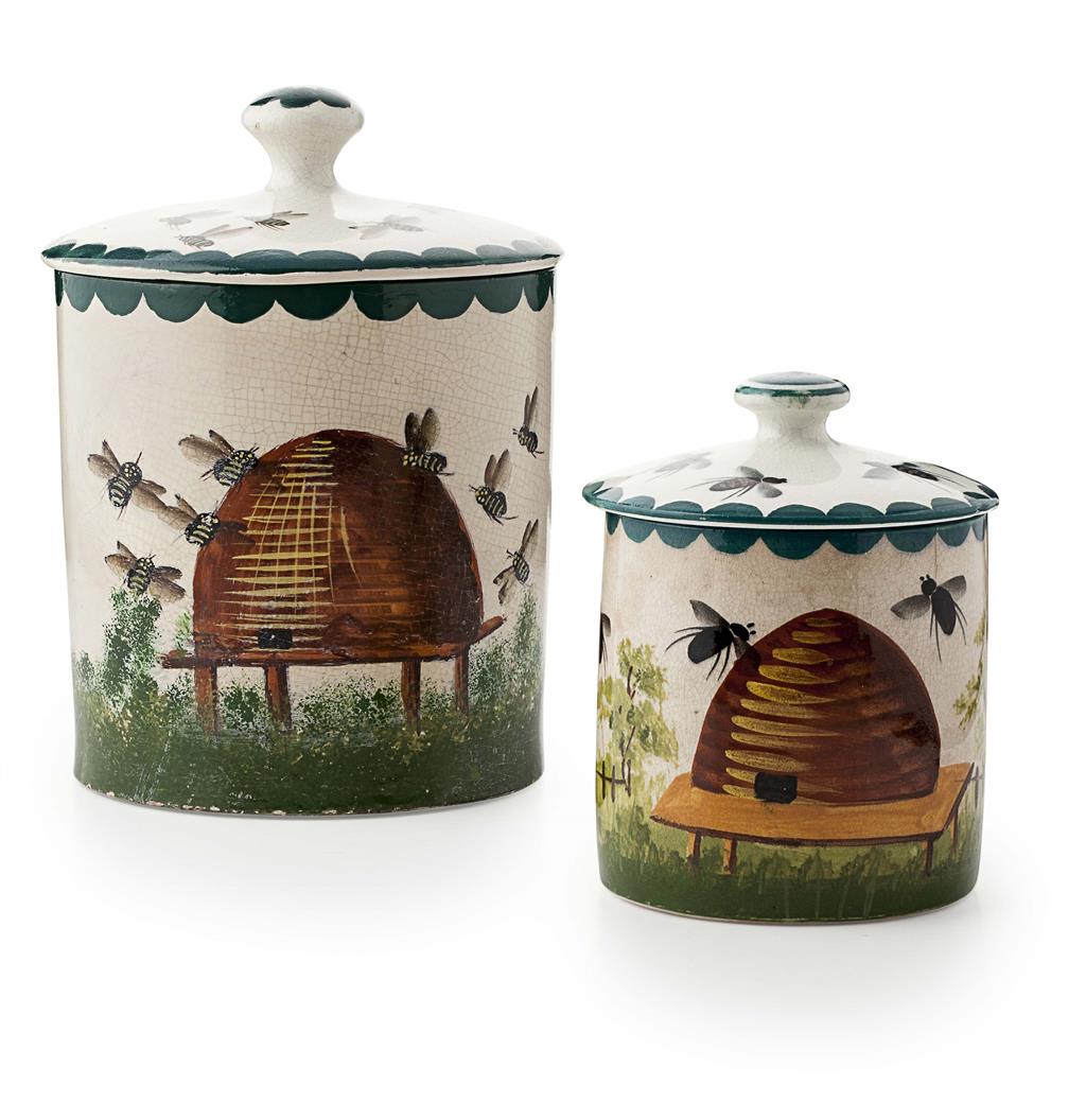 Appraisal: WEMYSS WARE TWO 'BEES HIVE' HONEY POTS COVERS CIRCA the