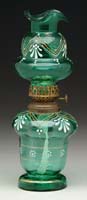 Appraisal: DECORATED GREEN GLASS MINI LAMP Unlisted Green glass base and