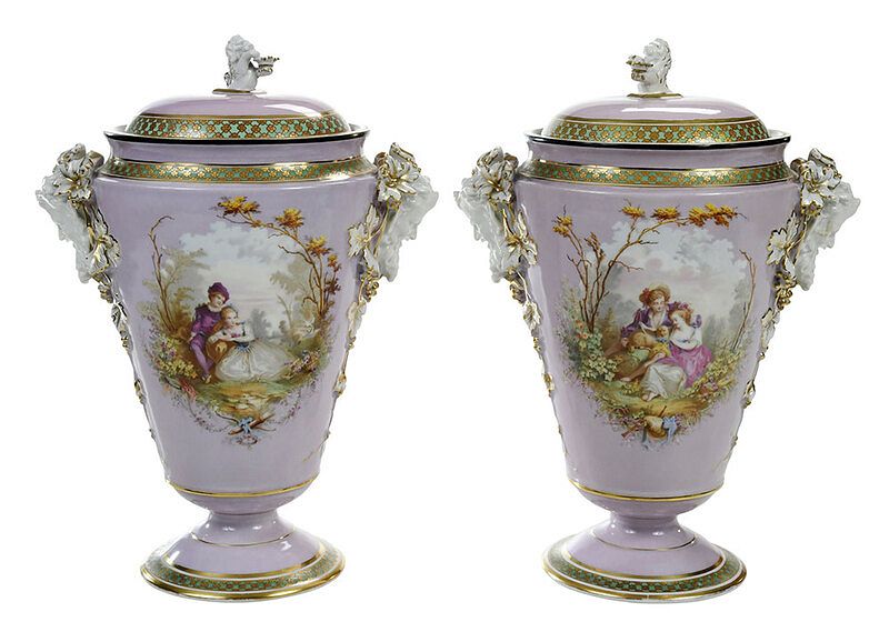 Appraisal: Pair of Continental Pink Porcelain Lidded Urns Continental th century