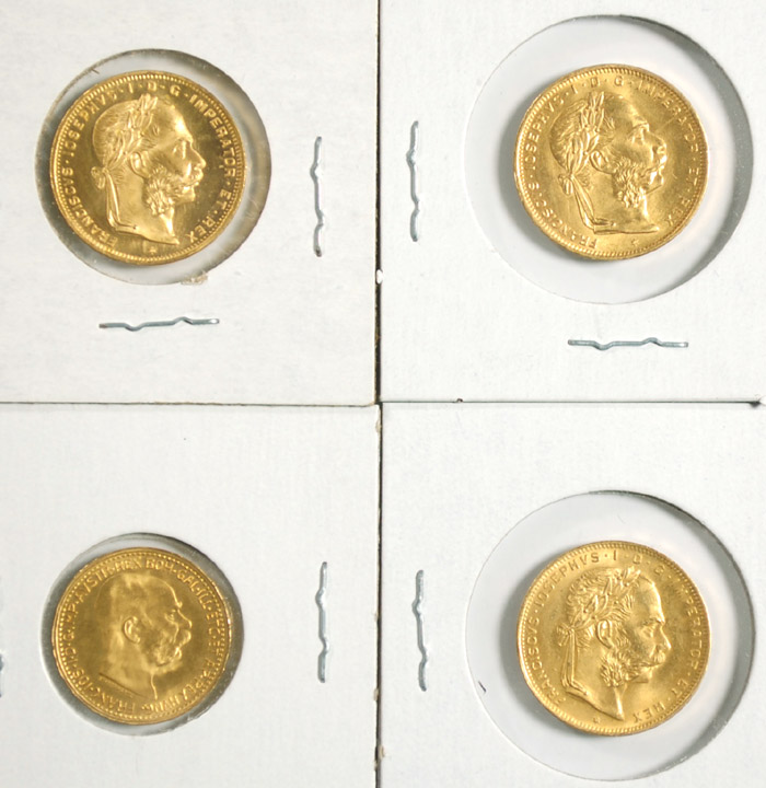 Appraisal: FOUR AUSTRIAN GOLD COINS all Franz Joseph I type including