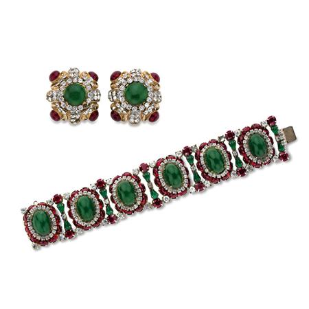 Appraisal: Simulated Emerald Ruby and Diamond Bracelet and Pair of Earclips