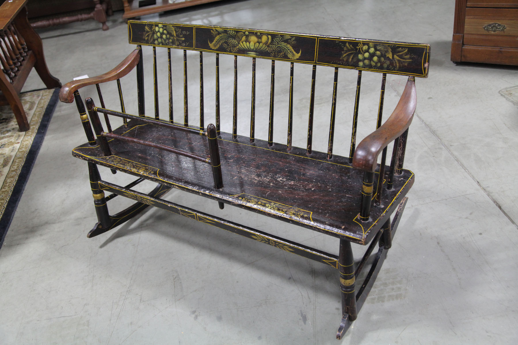 Appraisal: MAMMY'S BENCH American mid th century pine Stencil decorated bench