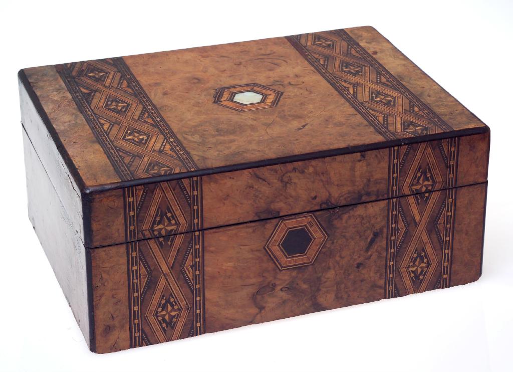 Appraisal: th CENTURY BURR WALNUT TUNBRIDGEWARE SEWING BOX the hinged rectangular