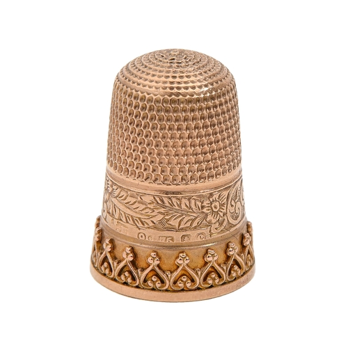 Appraisal: A ct gold thimble the skirt with applied decoration and