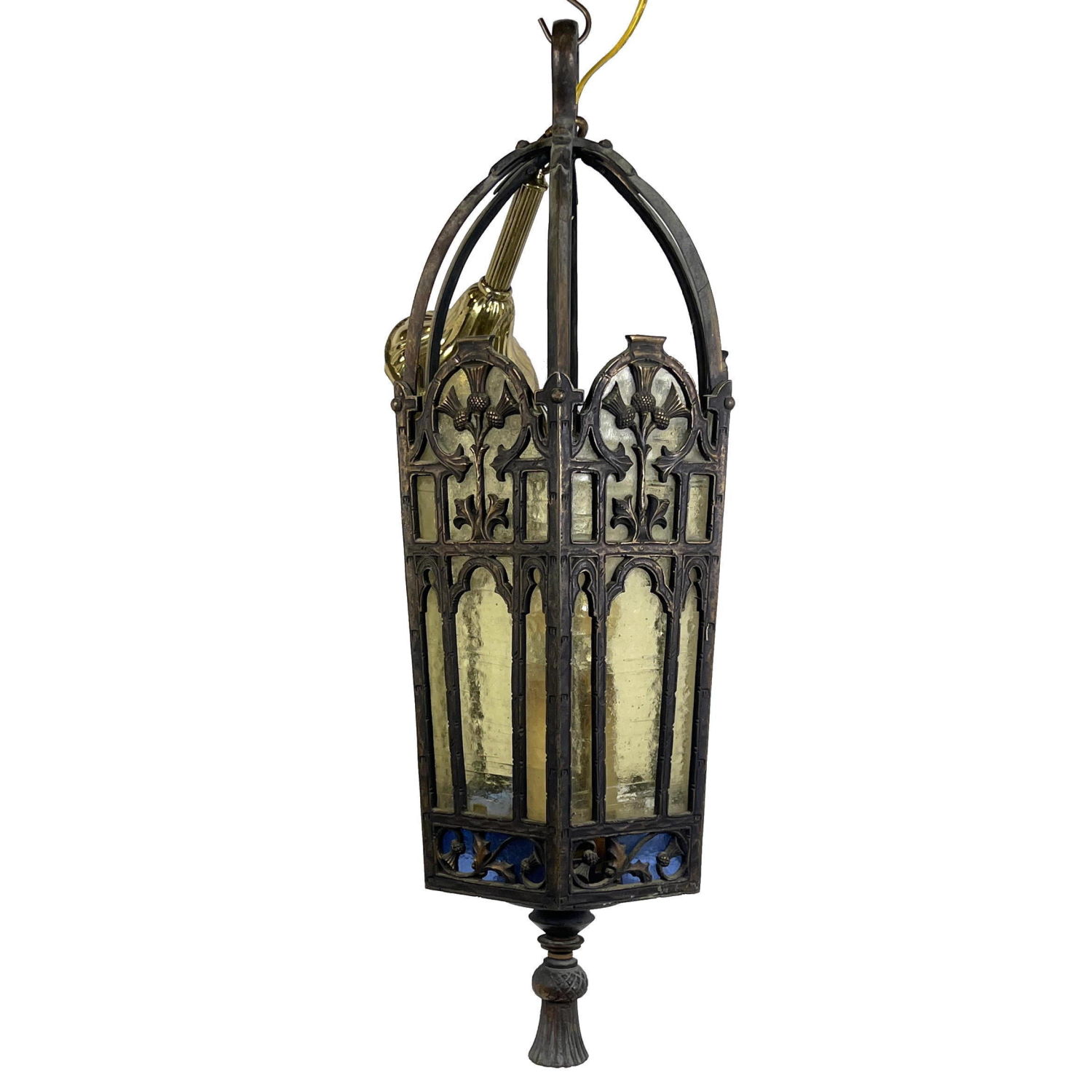 Appraisal: Vintage Metal Hanging Pendant Light Yellow and blue stained glass