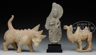 Appraisal: TWO POTTERY STATUES WITH A CARVED STONE EXAMPLE th century