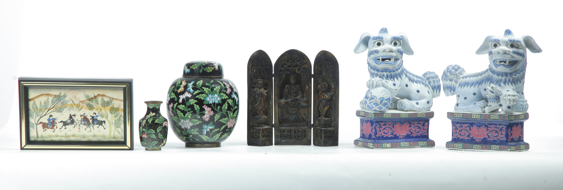 Appraisal: SIX ASIAN DECORATIVE ITEMS INCLUDING FOO DOGS Twentieth century Pair