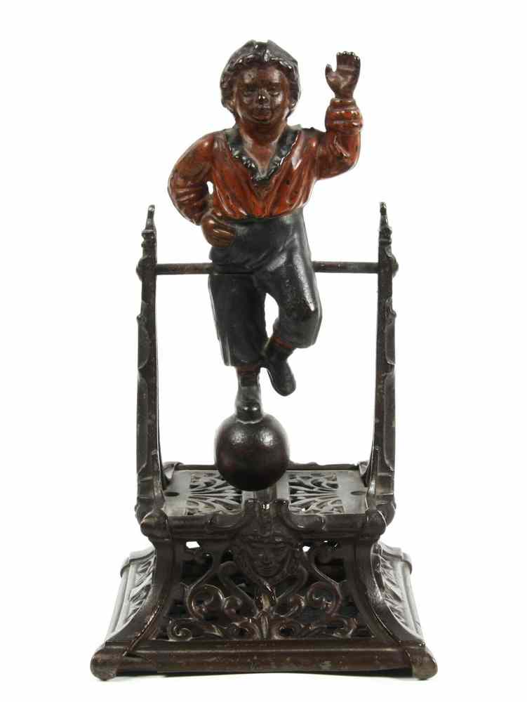 Appraisal: BANK - Vintage painted cast iron mechanical bank boy on