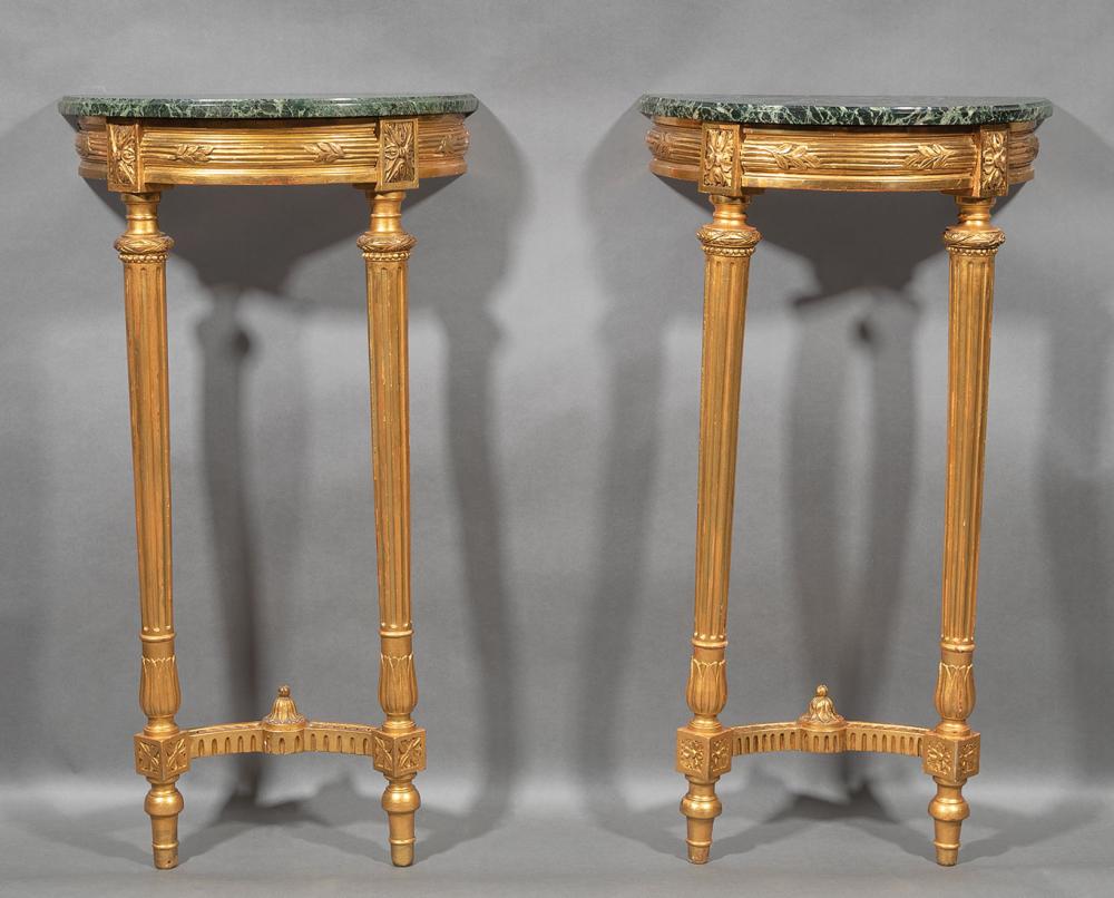 Appraisal: Pair of Louis XVI-Style Carved Giltwood Demilune Consoles verde antico