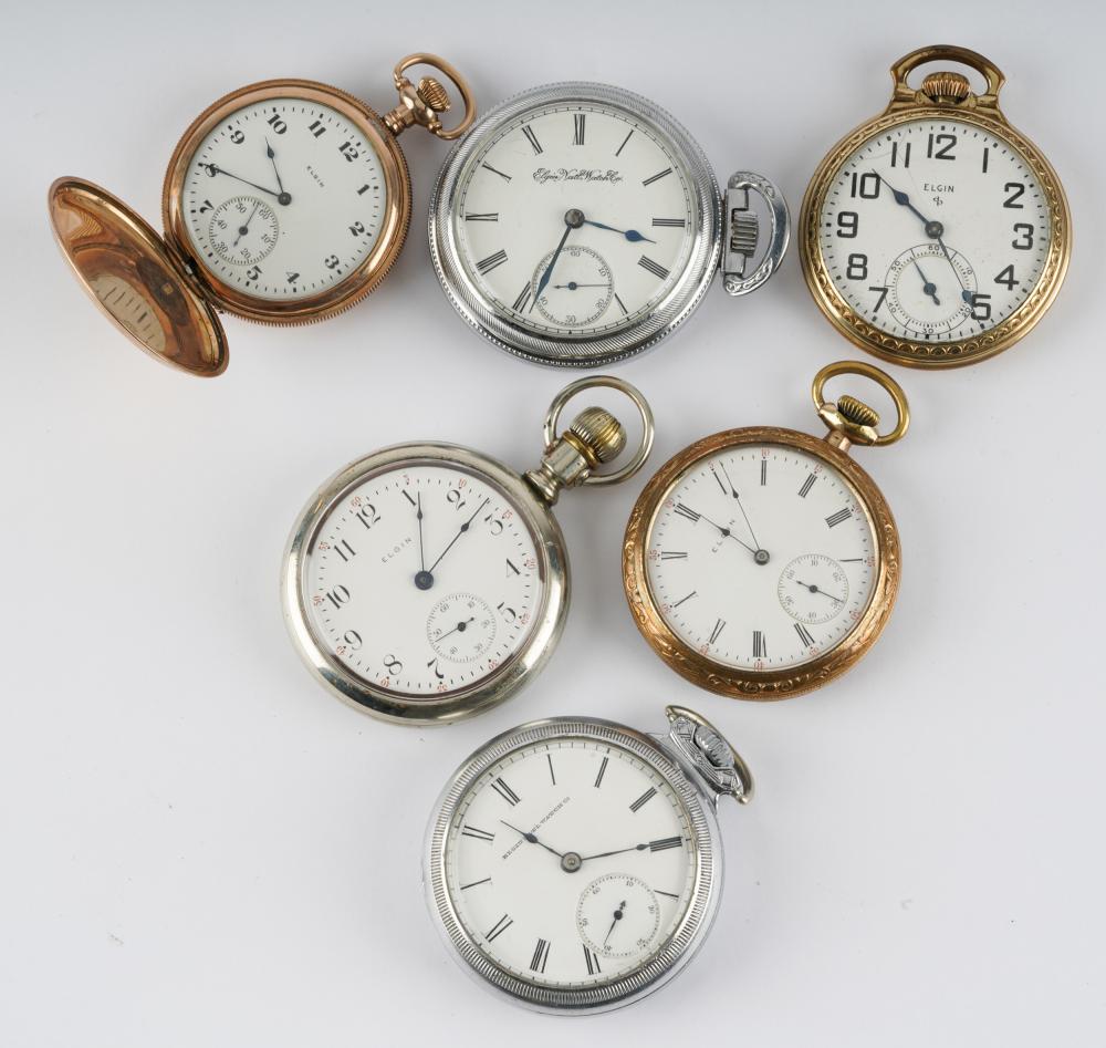 Appraisal: SIX ELGIN POCKET WATCHES Illinois K rolled gold plate S