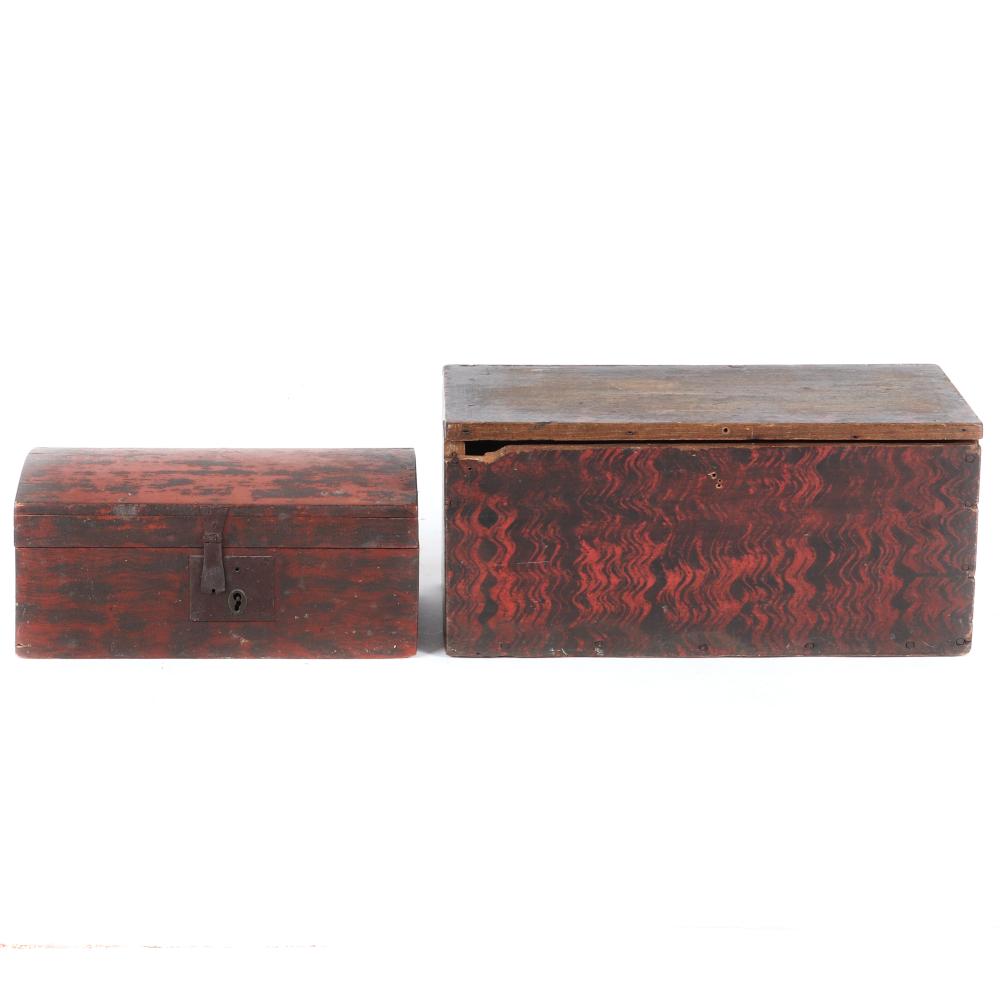 Appraisal: TWO ANTIQUE AMERICAN PRIMITIVE FOLK ART POLYCHROME WOOD BOXES RED