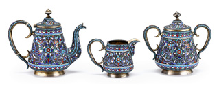 Appraisal: Russian silver and cloisonne enamel three piece tea service Comprising