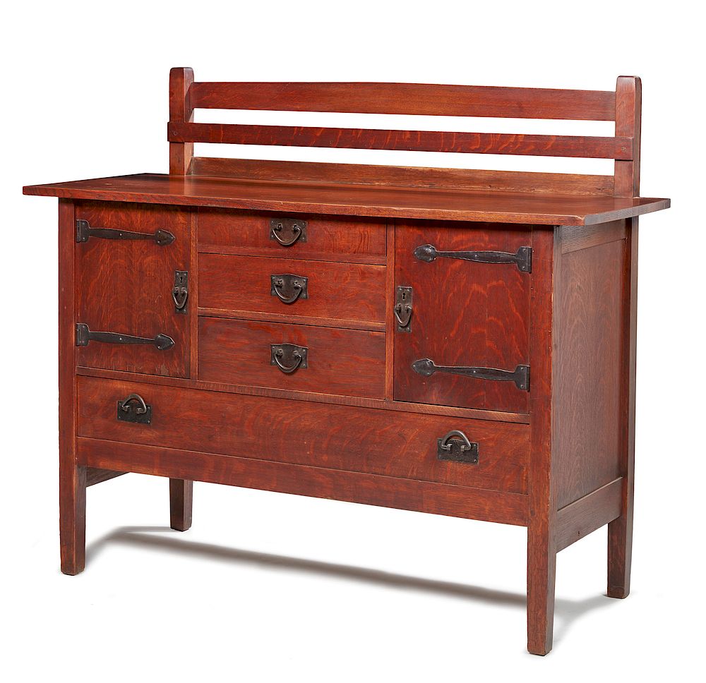 Appraisal: Gustav Stickley Sideboard Gustav Stickley oak sideboard Bears darkened illegible